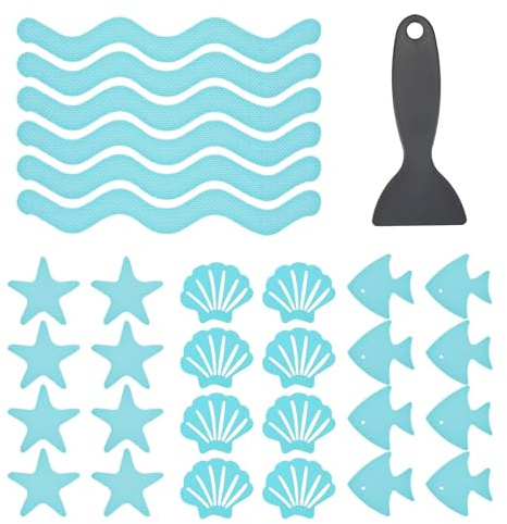 RETON 48 PCS Non-Slip Bathtub Stickers, Safety Shower Bath Tub Decals with 4 Ocean Shapes, Anti Slip Adhesive Wavy Strips Appliques with Scraper for Bathroom Tubs Showers Floor Pool (Blue)