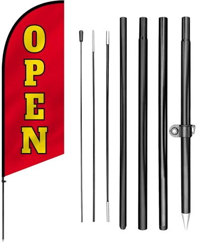 Anley 7,5 FT Kit Bandiera a Goccia Aperto con Palo e Picchetto - Bandiere Pubblicitarie da Esterno - Insegna “Open” per Negozi, Promozione Aziendale, Eventi, Fiere - Resistente alle Intemperie