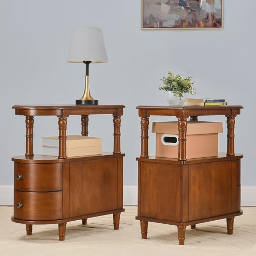 2 er Set Holz Beistelltisches mit 2 Schubladen und Ablage, Schmaler Sofa Beistelltisch für Wohnzimmer, Vintage Slim Nachttisch Nachttisch für Schlafzimmer, Schlanker Stuhl Beistelltisch Kirschbaum MG
