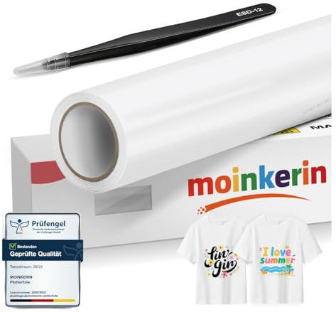 moinkerin Weiße 30,5x200cm Plotterfolie Textil & Transferfolie Plotter - PVC-Transferfolie mit Edelstahl-Pinzetten für DIY T-Shirts & Textilien