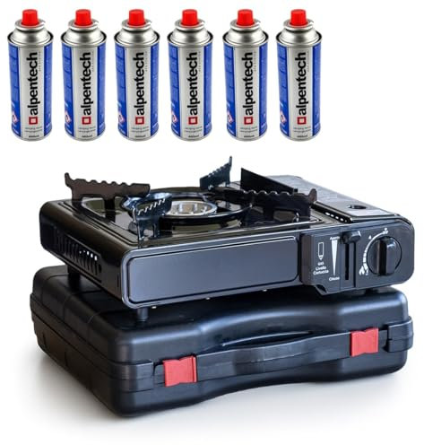 INTEC - Réchaud à gaz 2200W Portable + 6 Cartouches de gaz Butane Cuisine Extérieure