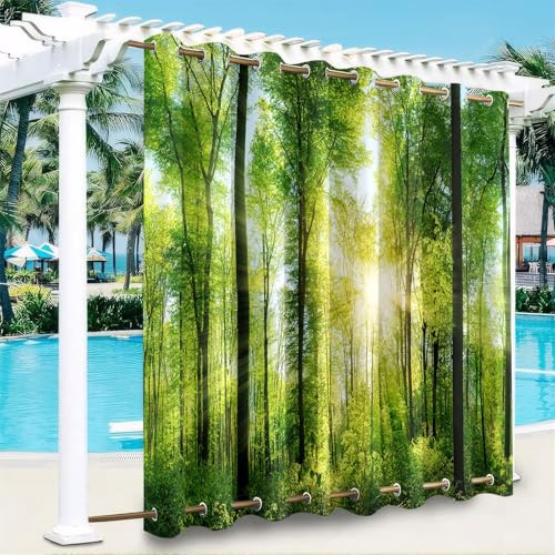 Odot Outdoor Vorhang Wetterfest, Wasserdicht Outdoorvorhänge mit Ösen Oben und Unten, 1 Stück Verdunkelungsvorhang Sonnenschutz für Garten Pavillon Terrasse, Wald drucken (Wald,180x213cm)