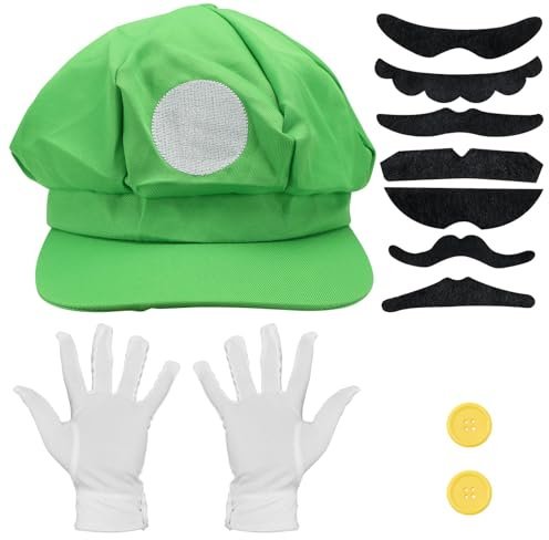 CHRI Super bros kostüm für cosplay, Kostüm Accessories Mütze Handschuhe Hut Bart Knöpfe für Fasching Halloween Karneval Cosplay (Grün)