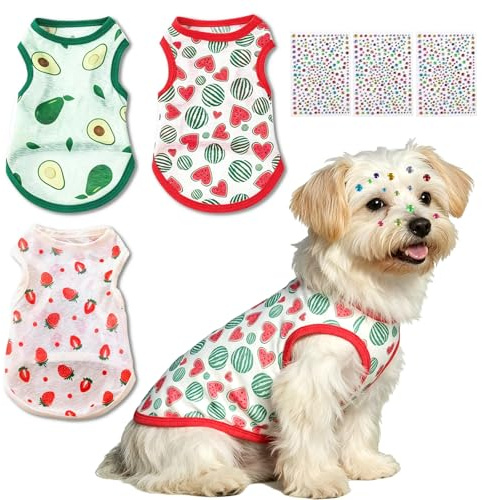 FOSDICK 3 Pièces Tee Shirt Chien, Vetement pour Chien Été Respirant, T-Shirt pour Chiens Mignon, Gilet Sans Manches Vêtements pour Animaux de Compagnie Petits Moyens,avec 3 Feuilles Strass Autocollant
