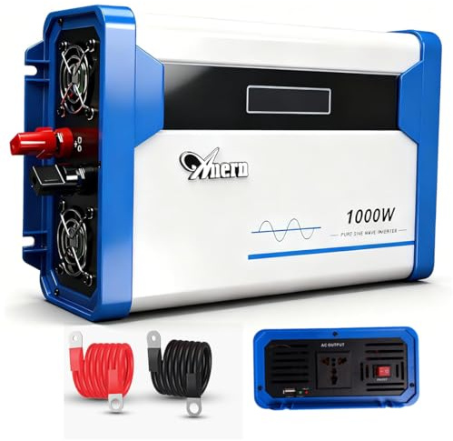 Anern Convertidor 1000W Inversor de Corriente para Coche DC 12V a AC 220V Onda Senoidal Pura Inversor de Coche con Pantalla LED y Puerto USB de 5V para Cargar Viajar Camping