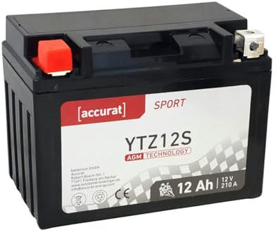 Accurat Motorradbatterie YTZ12S, AGM, 12V 12Ah, wartungsfrei, zyklenfest | kompatibel mit YTX12A-BS, YTZ12-S, geeignet für Roller, rüttelfest, Starterbatterie, Erstausrüsterqualität, vorgeladen