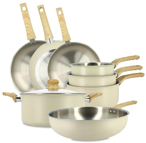 MENASTYL - Batterie de cuisine en inox 18/10 induction 8 pièces Easynox - Acier inoxydable sans accroche - Sans PFAS, sans PTFE - Tous feux dont induction et lave-vaisselle - Écume - 6014254
