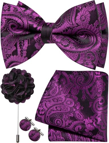 Ailisus Herren-Fliege, Paisleymuster, vorgebundene Fliege und Einstecktuch, Manschettenknöpfe, Anstecknadel-Set, Hochzeit, Party, Business, 4 Stück, Schwarz und Dunkelviolett, Einheitsgröße