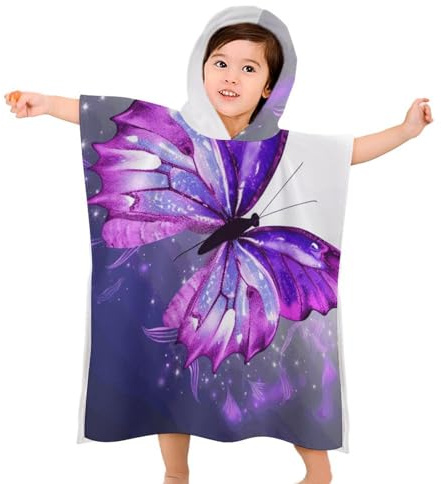 BVKWNTSA Telo mare per bambini con cappuccio – viola farfalla 1 stampato morbido con cappuccio – regalo per bambini