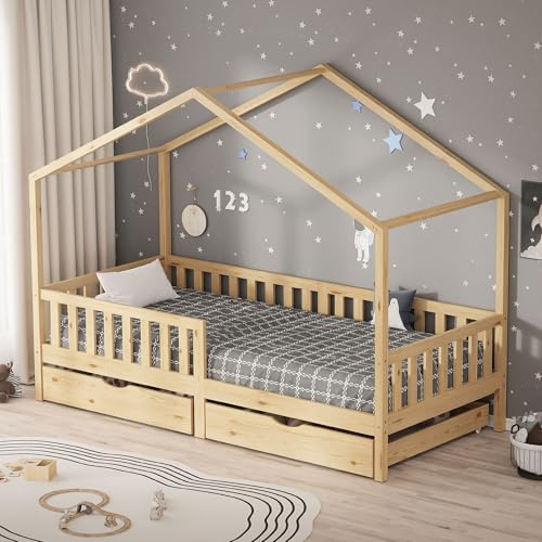 ML-Design Kinderbett Hausbett 90x200 cm Natur mit 2 Schubladen, Holzbett mit Rausfallschutz, Lattenrost und Dach, Spielbett aus Kiefernholz für Kinder, Montessori Bodenbett Bettgestell Bettenhaus Bett