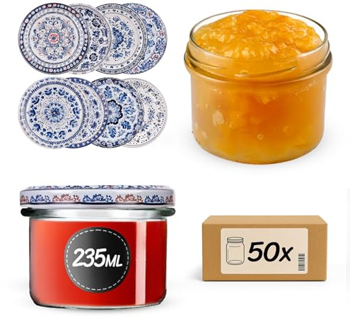 KADAX Set di 50 vasetti per marmellata in Vetro 235ml Ø82 Blu/Bianco – Tappo a Vite ermetico, per marmellate, Miele, confetture e bomboniere