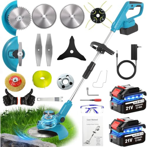 TOPALL Debroussailleuse Electrique Sans Fil, Coupe Bordure Sans Fil avec Batterie 2*4Ah, Debrouissalleuses Batterie avec 1000W Bushesless, 20000trs/min, Coupe 20cm, 5 Types Lames et Brosses Désherbage