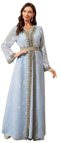 PLWEDDING Traditionelles muslimisches Kaftan Kleid,Blau mit Gold Stickerei,Lange Ärmel,V-Ausschnitt,Maxi Länge,Orientalischer Stil