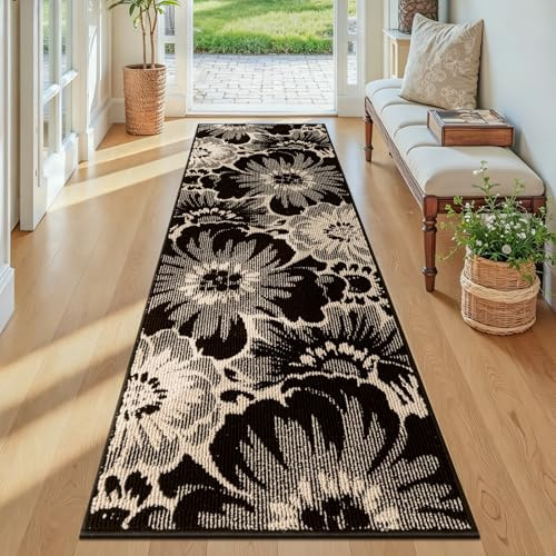 Homodeco Teppich Läufer rutschfest, Küchenläufer Waschbar, 60x180cm | Schwarz & Beige, Absorbierend Läufer Flur, Polypropylen, Küchenteppich, Perfekt für Küche, Eingang, Esszimmer Waschküche