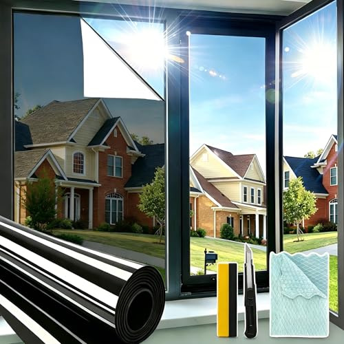 Vanzard One Way Window Privacy Film Reflective Window Tint for Home, Daytime Privacy Heat Control Anti UV Glass Tinting for Home Self Adhesive, Black-Silver, 17.5 x 78.7