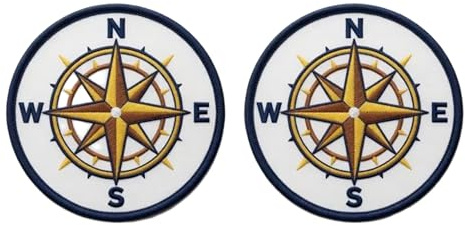 Confezione da 2 toppe ricamate a forma di bussola nautica, da applicare con ferro da stiro, da cucire o applicare con ferro da stiro, blu navy e oro (8,9 cm)