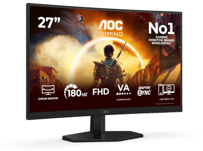 AOC C27G42FE 27 inch FHD Monitor Curved, 180Hz, VA Panel, 4ms GtG, Adaptive Sync, HDR10, FreeSync, (1920x1080 HDMI 1x 1.4 DP 1x 1.2) Black