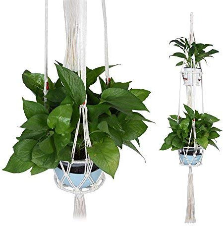 2 Pcs Macramé Colgante Maceta Doble de Suspensión de Planta con Cuerda de Algodón Tiesto de Flor para Decoración de Patio Pared al Aire Libre Interior Balcón