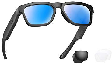 OhO sunshine Vattentäta Bluetooth-solglasögon, utomhussport över örat heaset med inbyggd mikrofon, polariserade UV400-skyddslinser kompatibla med alla utgåvor av smarttelefon (svart ram blå lins)