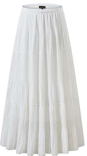 NASHALYLY Women's Chiffon Elastic High Waist Pleated A-Line Flared Maxi Skirts?White,S