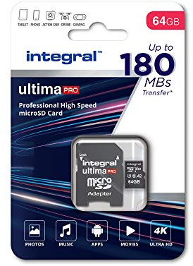 Tarjeta de Memoria de 64 GB microSDxC UltimaPro de Alta Velocidad de hasta 180 MB/s de Lectura, 80 MB/s de Escritura, Clase 10, V30, UHS1, U3, homologada A2, + Adaptador SD, by Integral Memory