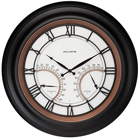 AcuRite 24” Illuminated LED Large Outdoor Decorative Clock with Thermometer and Hygrometer Combo (75022M), Copper