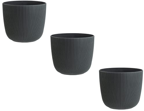 Engelland - 3 x Blumentopf mit Drainagesystem, Anthrazit-Grau, Rillenoptik, Pflanz-Topf, Kübel, modern, widerstandsfähig, rund, wetterfest, Kunststoff, Ø 18 cm, 3 Liter