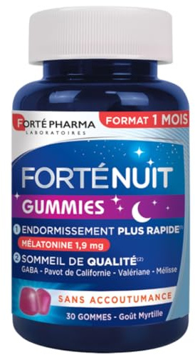 Forté Pharma - FortéNuit Gummies sommeil - 1,9 mg de Mélatonine et Plantes, GABA - Douce nuit - Complement alimentaire – Endormissement rapide, Sommeil de Qualité favorisés - 30 gommes, 1/jour
