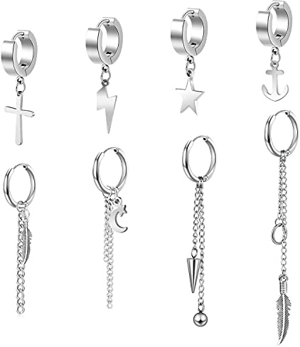 8 Pieces Hoop Dangle Earrings Stainless Steel Dangle Folding Hoop Earrings Long Chain Pendant Kpop Earrings Hanging Earrings with Chain Punk Gothic Cross Kpop Earrings