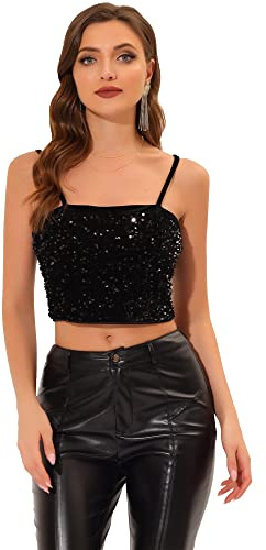 Allegra K Damen Pailletten samt Spaghettiträger Crop Cami Top | Ärmelloses Design Geeignet für Weihnachten Abschlussball Bühnenauftritt Pailletten Details Samtgefühl