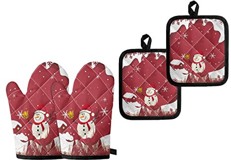 Dajingkj Lot de 4 gants de cuisine et maniques de Noël résistants à la chaleur et à la chaleur Rouge
