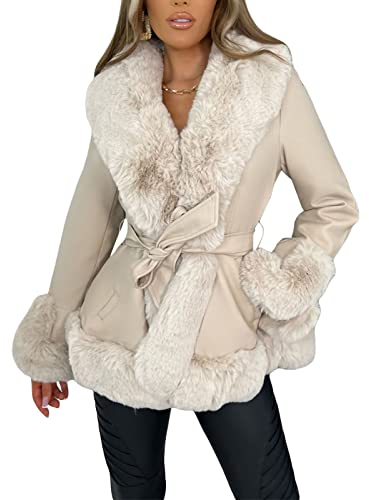 Owegvia Damen dicken warmen Kunstpelz Strickjacke Lederjacke Plüsch Kragen Manschetten vorne offen Strickjacke Mantel Pu Outwear mit Gürtel Streetwear (Beige, S)