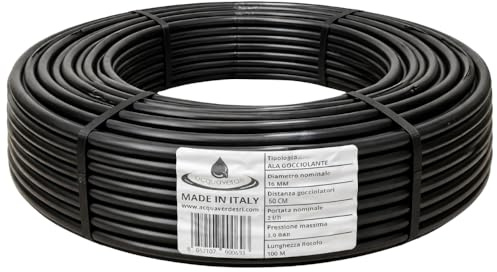 acquaverde | Ala Gocciolante ø 16 mm Passo 50 cm con Gocciolatore Doppio Foro 2 L/H SUPER, Rotolo da 100 mt, Tubo In Polietilene per Irrigazione a Goccia Automatica, Nero - Orto Facile