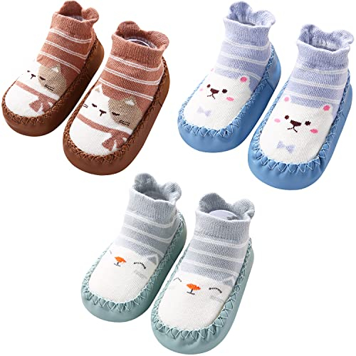 Adorel Baby Hüttenschuhe Baumwolle Rutschfest ABS Socken Stoppersocken 3er-Pack Hellgrün & Blau & Braun 18-24 Monate (Herstellergröße 14)