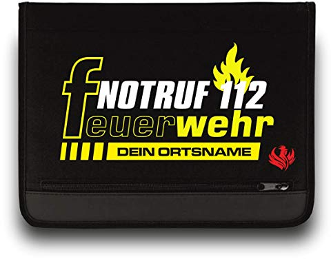 Feuerwehr Schreibmappe/FW Notruf 112 +Ortsname/Neongelb-Weiss/Roter Hahn 112 / Einsatzorganizer auch für THW Rettungsdienst Notarzt