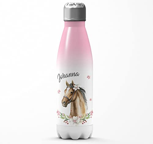 Mikalino Kinder Edelstahl Trinkflasche Braunes Pferd mit Blumenranke und Wunschname Einschulung Geschenk Geschenkideen Thermosflasche Mädchen Junge, Farbe:rosaweiss, Grösse:500ml