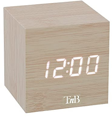 T'nB - Réveil Numérique Cube, Alimentation Filaire sur Secteur, 3 Alarmes Programmables, Activation Tactile ou Vocale, Affichage Heure, Date, Température, Luminosité Réglable - Couleur Bois