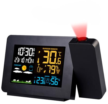 FAcoLL Stazione meteorologica Wireless con Sveglia a proiezione, Monitor meteorologico con sensore Esterno, proiettore Orologio Digitale con Display LED, Monitor umidità Temperatura