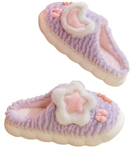 CZQAGCL Cute Women's Star Plush Slippers - Warm Indoor & Outdoor Slippers (Purple, 7)