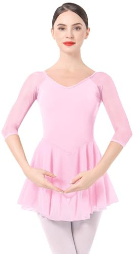 Ballettkleidung Damen Ballett Tanzkleid 3/4 �rmel Ballettanzug Gymnastik Tanztrikot mit Chiffon Rock Ballettkleid Ballerina Tanzkleidung Rosa XL