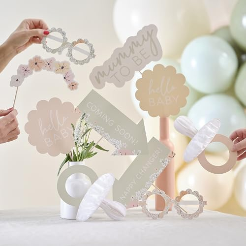 Ginger Ray Baby Shower Photo Booth Props with Assorted Floral Designs on Wooden Dowels 10 Pack