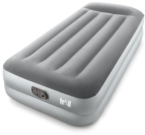 Single Air Bed With Built In Electric Pump and Pillow, Easy Inflate Deluxe Inflatable Mattress, Blow Up Camping Airbed, Flocked Waterproof Antimicrobial Guest Bed, I-Beam Support (191cm x 97cm x 46cm)