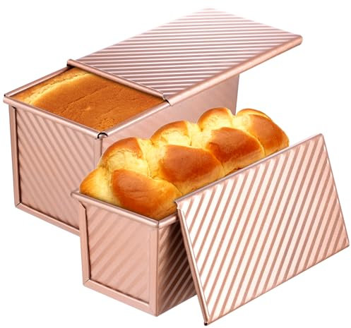 MOJIEZUO Pullman - 2 moldes para pan con tapa, capacidad de masa de 1 libra y 0.45 libras, antiadherentes para hornear pan, caja de pan corrugado de acero al carbono con tapa para pan sándwich casero,