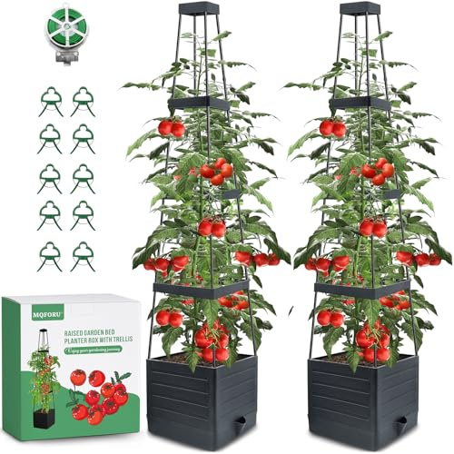 MQFORU 2 Packs Raised Garden Bed Tomato Planter with Trellis, 57 Tomato Cages for Climbing Vegetables Plant, Self Watering Planters Box for Garden Pots for Patio Greenhouse Indoor Outdoor（2PCS）