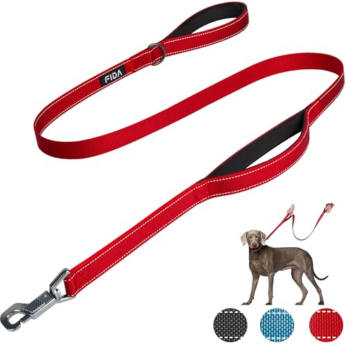 Fida Heavy Duty Dog Lead, 1.5M/5FT Dog Leads for Medium/Large Dogs, Red | Traffic Handle for 40CM Close Control, Heavy Duty Quick-Snap Hook, Reflective Stitching, for Day & Night Walks, for Training