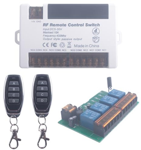 Interruptor de control remoto de relé inalámbrico de 12 V 24 V y 4 canales, interruptor inalámbrico para abre-puertas de garaje RF 433Mhz DC 5V-30V con receptor 2 transmisores (4CH-2* Control)