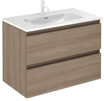 EstiloBaño - Aurora | Conjunto Mueble de Baño SUSPENDIDO con 2 Cajones + Lavabo | Disponible 60-80-100 + Blanco - Nogal 【Ancho 100】 【Nogal】