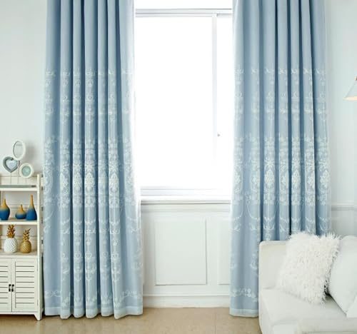 Homxi Vorhang Blickdicht Wohnzimmer 2er Set,2 x 137W x 214H cm,Verdunkelungsvorhänge Blickdicht Blau Doppellagig mit Blumenstickerei Gardinen auf Haken