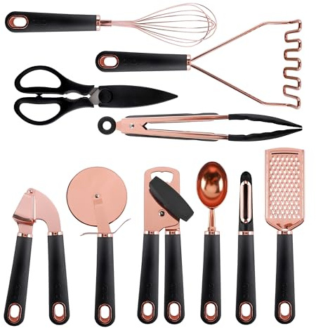 Cook with Color Kitchen Gadget Set Copper Plated Stainless Steel Utensils with Soft Touch Handles, Copper Black, 10 Pieces