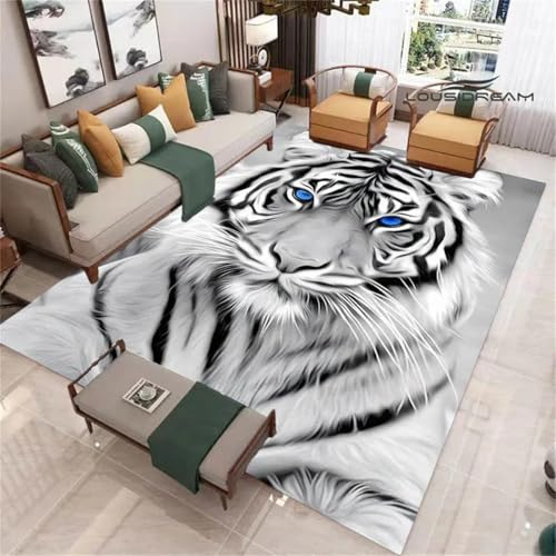 3D Tiger Bereich Teppiche, Tier Cartoon Teppiche, Gamer Spiele Teppiche, Kinder Teenager Home Decor Gedruckt Bereich Teppiche, Waschbar Anti-Rutsch-Spiel Bodenmatten Wohnzimmer (White,120x160cm)